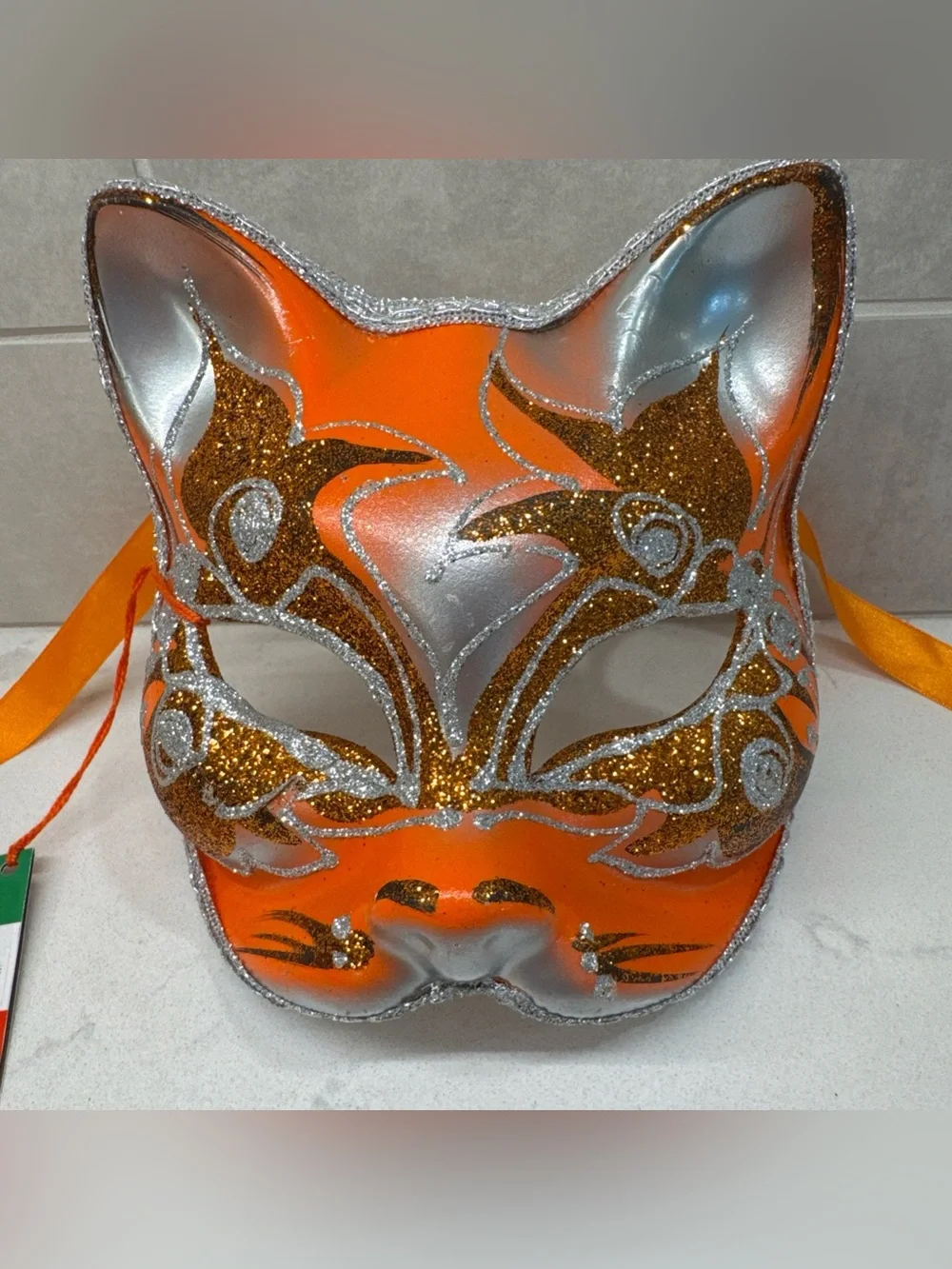 NWT Orange and Silver Glitter Cat Masquerade Mask handmade in Italy